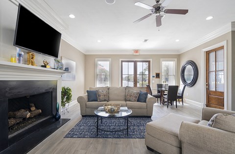 a living room with a couch and a tv and a fireplace